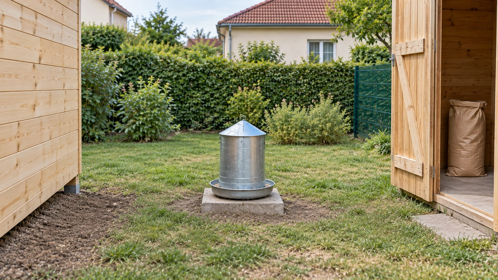 Photo de la zone : Mangeoire et stock d'aliment
