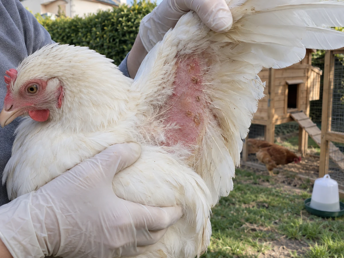 Sous les plumes manquantes, une peau rouge, irritée, croûteuse : photo d’identification
