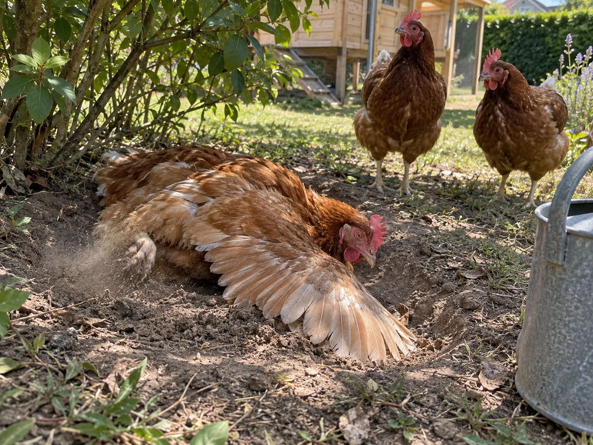 Une poule couchée sur le flanc, aile étalée, immobile dans la terre : photo d’identification