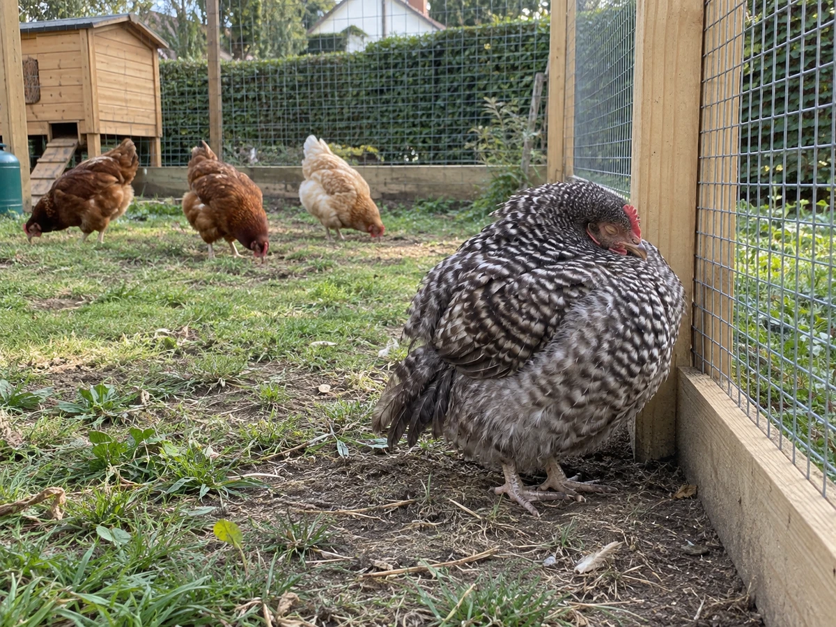 Une poule immobile, ébouriffée, « en boule », à l'écart du groupe : photo d’identification