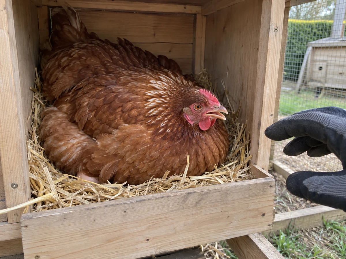 Une poule qui ne quitte plus le pondoir, gonflée, qui grogne : photo d’identification