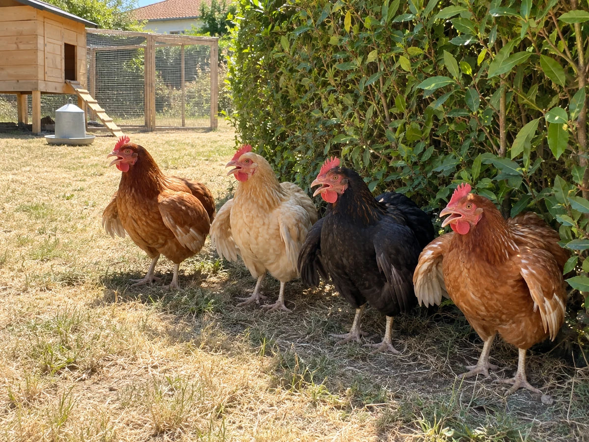 Poules alignées à l'ombre, bec ouvert, ailes décollées du corps : photo d’identification